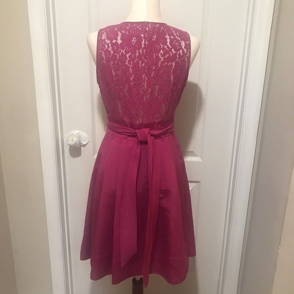 Eliza J Size 4 Fit & Flare Dress Pink Lace Top Belted Waist Barbie Pink Pockets - Picture 6 of 15